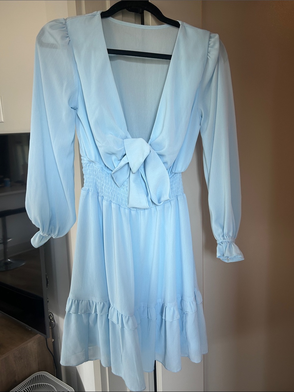 Light Blue Tie-Front Long Sleeve Dress